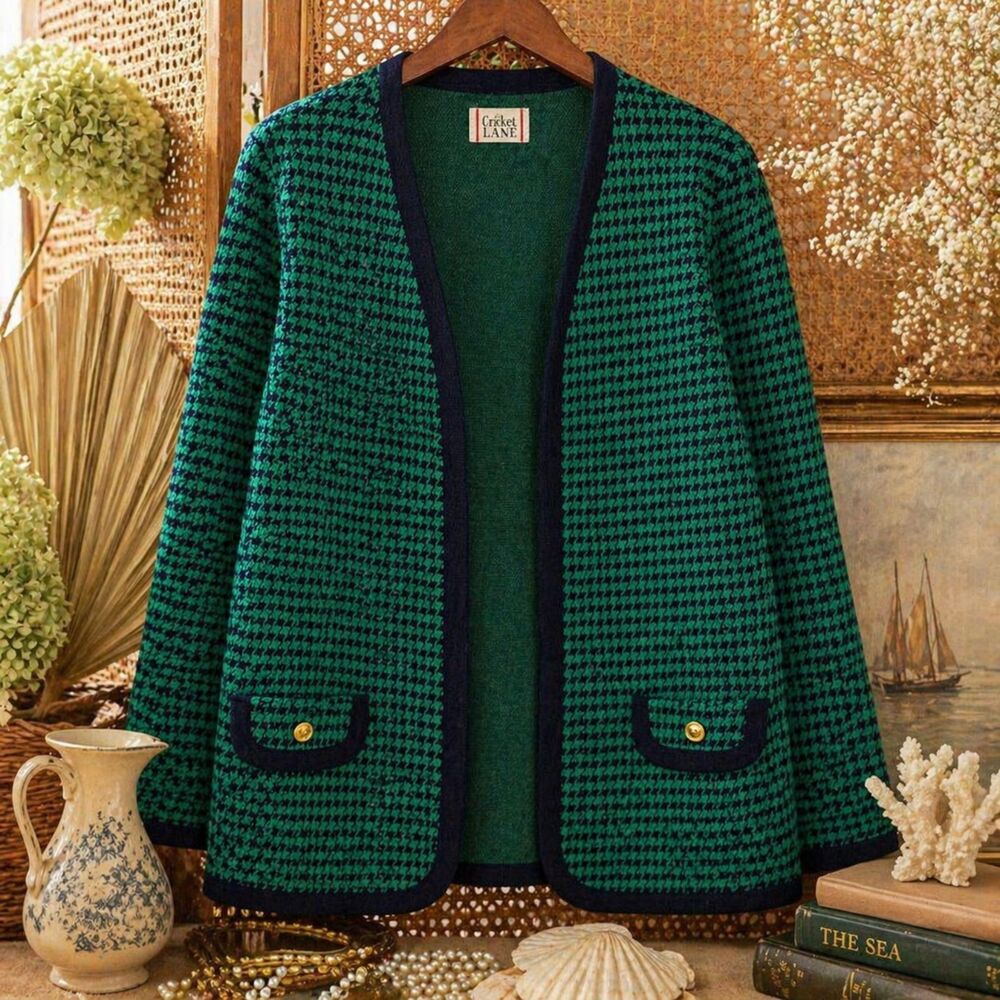 Cricket Lane Houndstooth Cardigan Blazer Green Navy 14